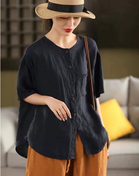 Johnature Women Vintage Solid Color Shirts O-Neck Half Sleeve Patchwork Pockets Summer Loose Casual Button Shirts