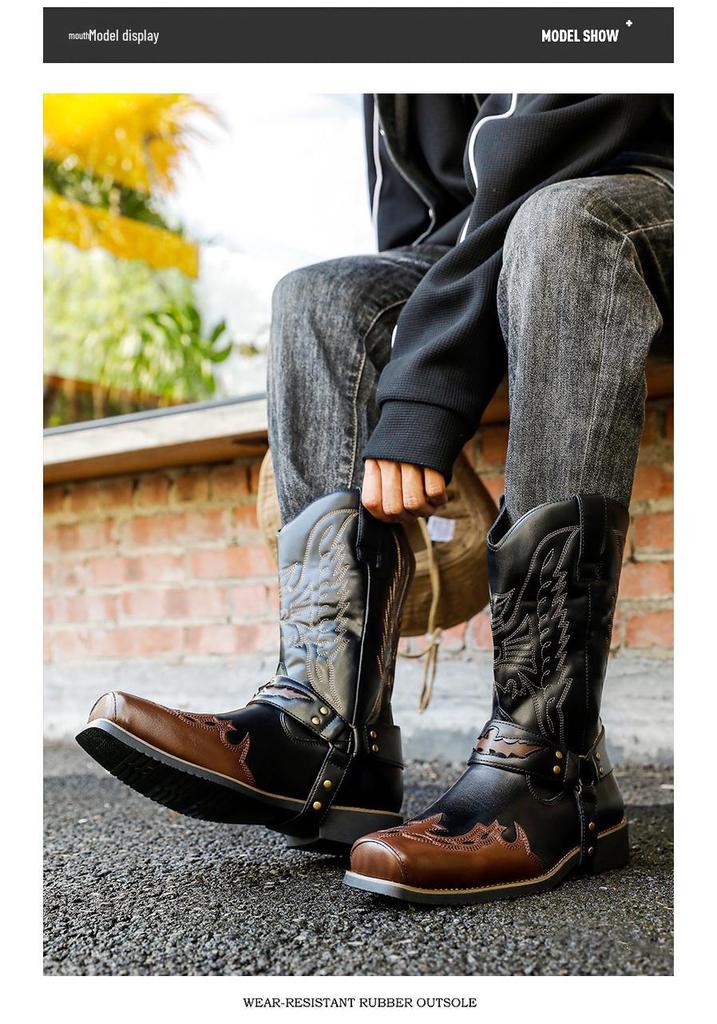 Men's Embroidered Leather Western Cowboy Boots - Retro European High-top Knight Style