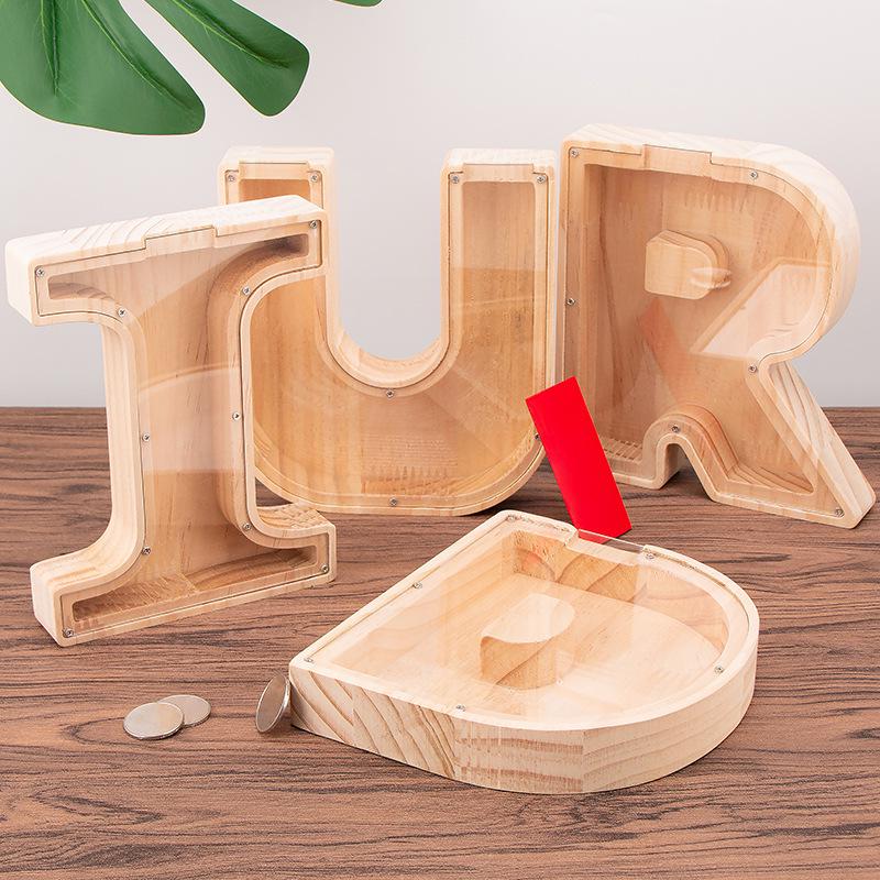 

Popular 26-Letter Wooden & Acrylic Transparent Piggy Bank Toy Ornament
