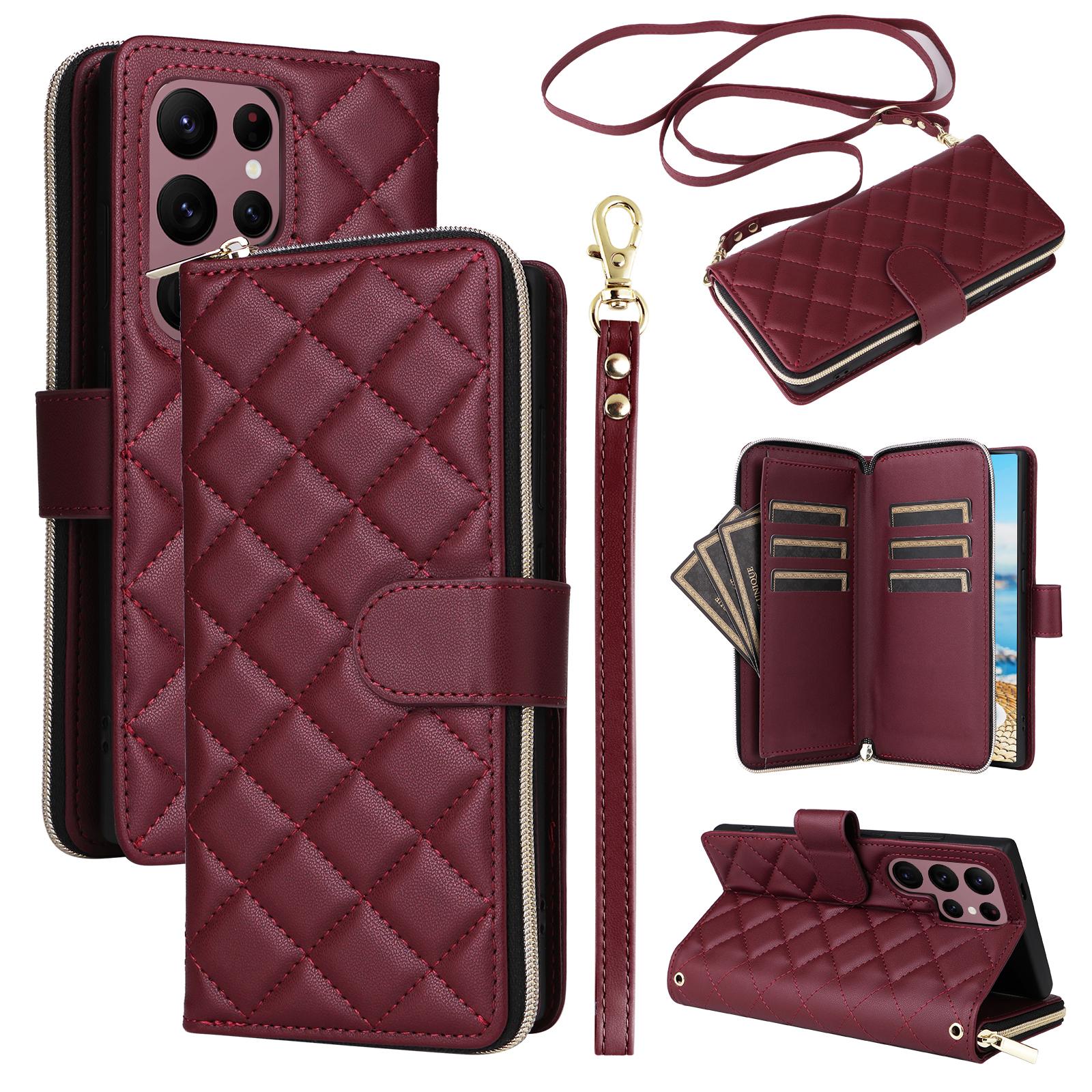 

For Samsung Galaxy S22 Ultra 5G Case Rhombus Grid Leather Phone Cover with Zipper Pocket Wine Red