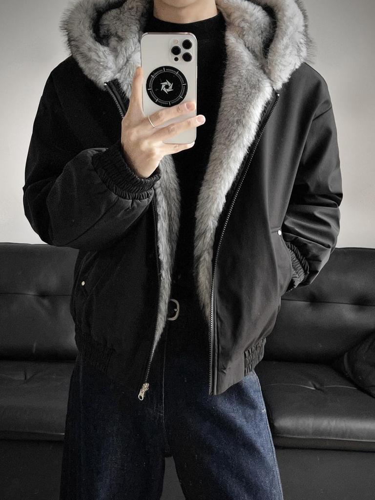 Men's Winter Polar Wolf King Heavyweight Mink Fur Hooded Jacket with Large Collar, Plus Velvet Thickened for Warmth.