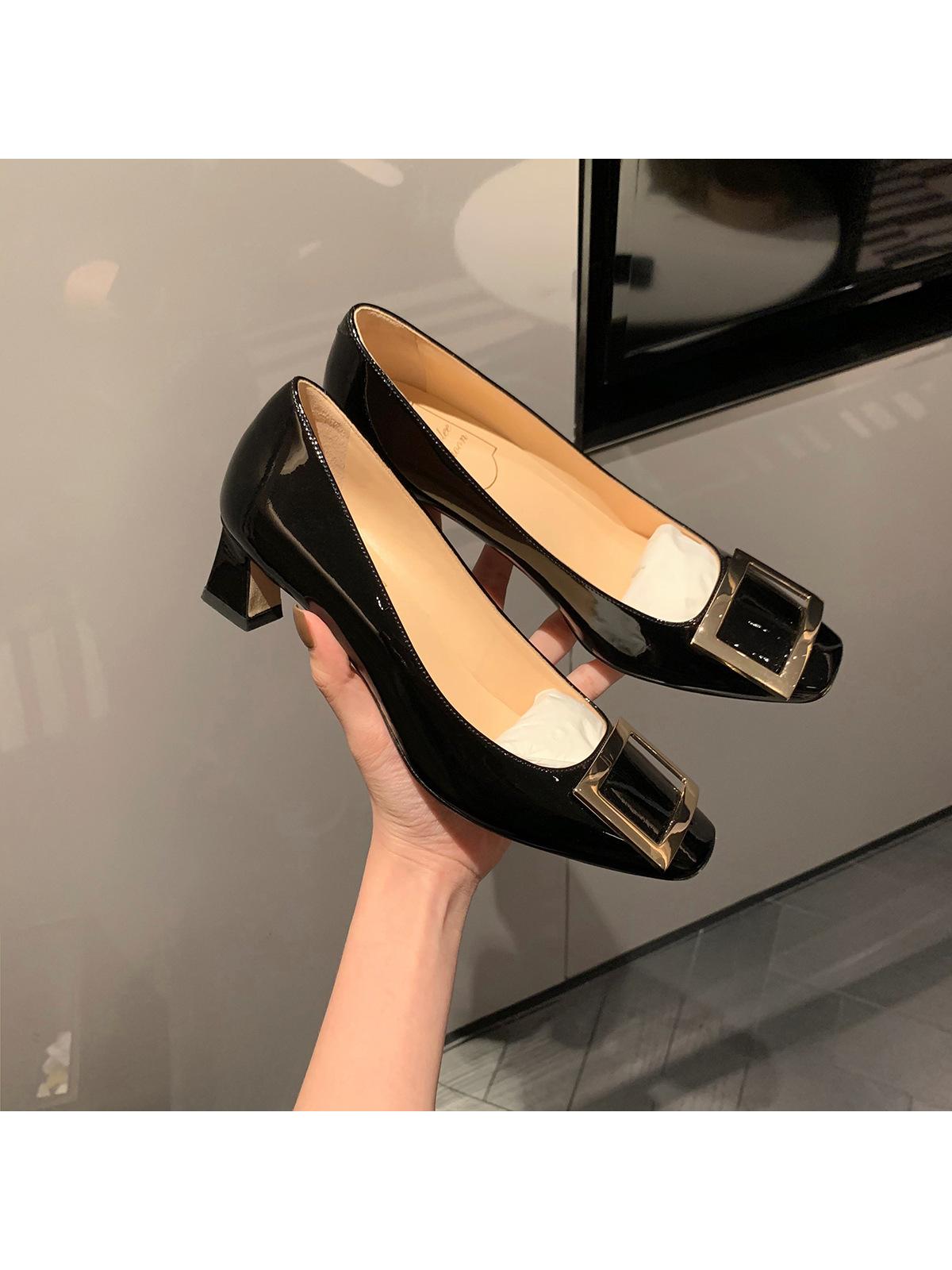 

Grape mother studiolee classic square buckle small square head shallow mouth high heels women s summer thick heel flat bottom commuter shoes 34