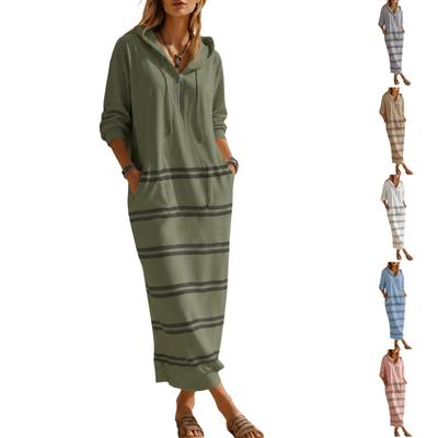 Damen Kapuzenpullover Kleid, Gestreift, Lockerer Schnitt, Schlankmachend, Lässig, Bequem