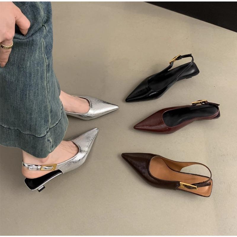 Fashion 2025 Black Summer New Women Sandal Fashion Pointed Toe Shallow Slip On Ladies Elegant Slingback Shoes Thin Med Heel Dress Mules