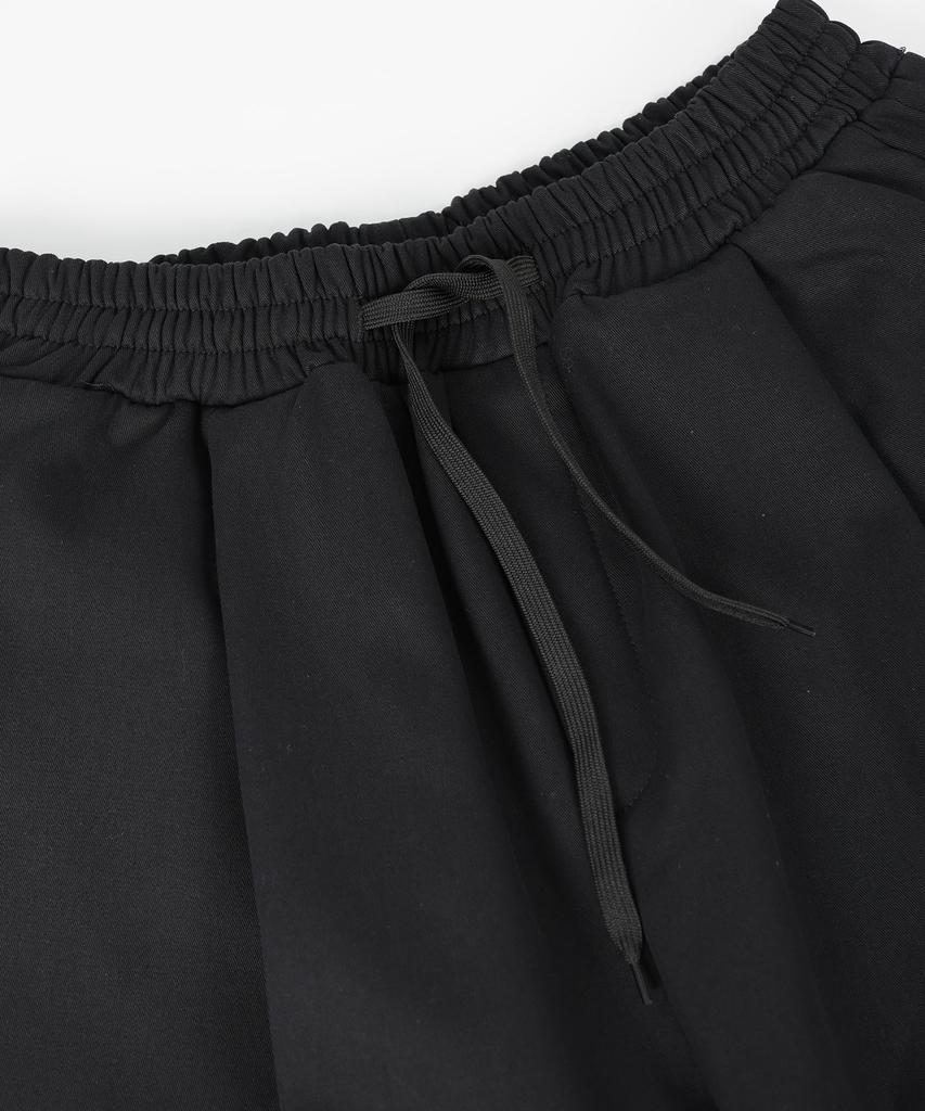 Jikeulib Bonded Brushed Elastic Waist Pintuck Semi-Wide Cotton Pants [Black]