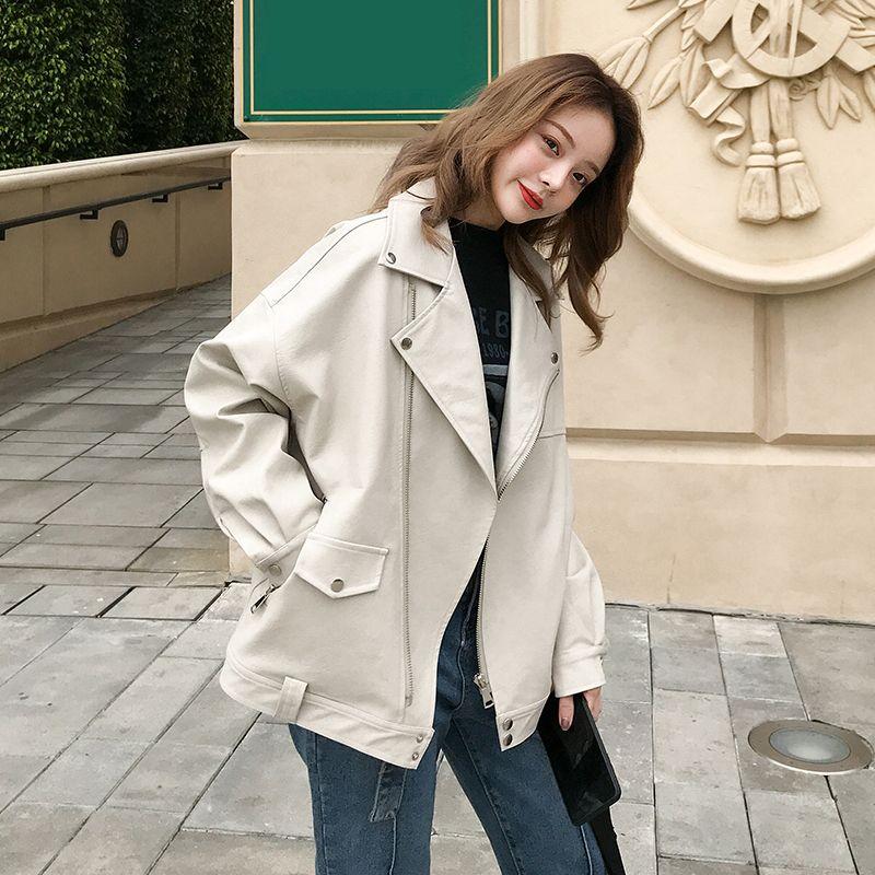 

Женская куртка из искусственной кожи PU свободные мотоциклетные куртки женские повседневные уличные свободные пальто корейский шик новые куртки на молнии S