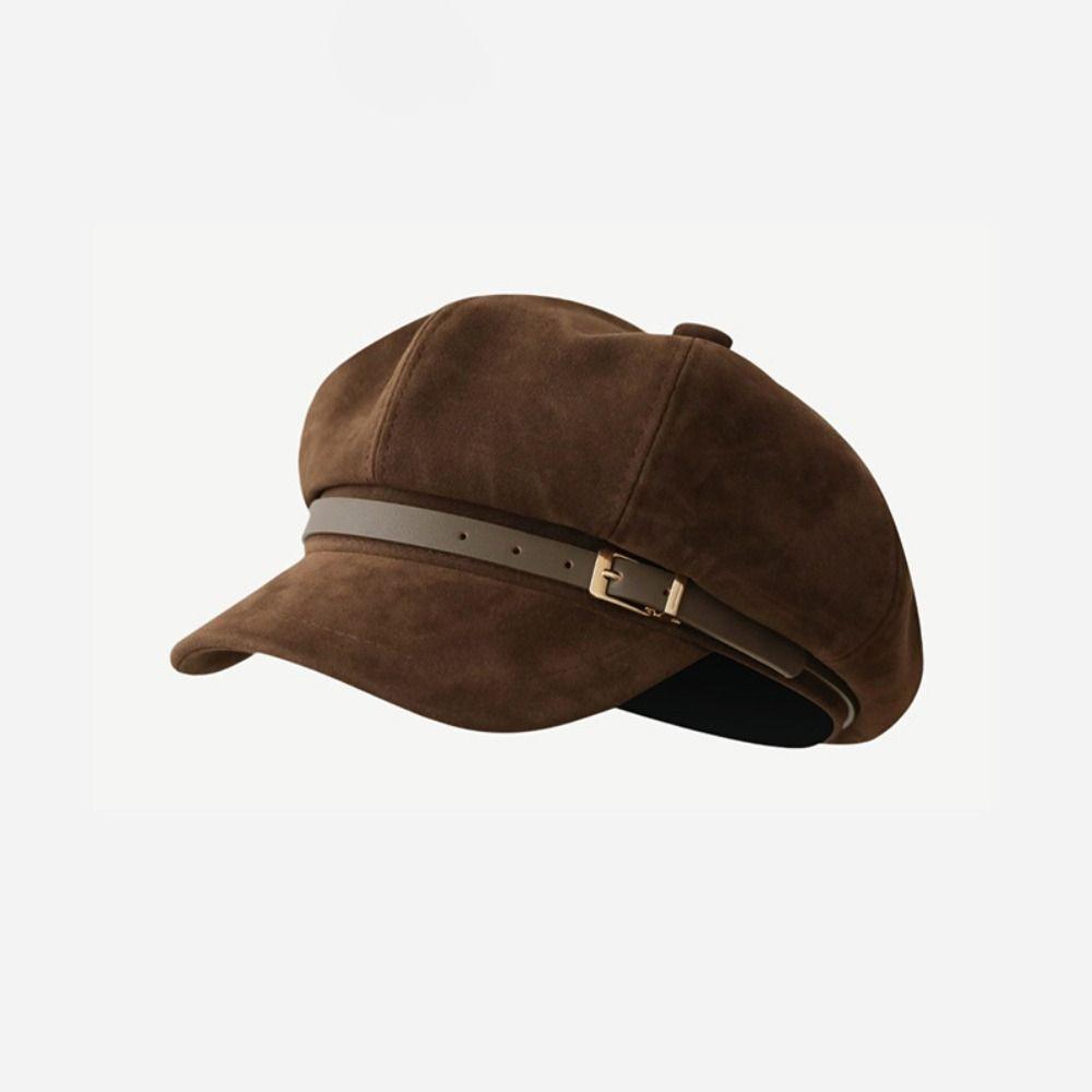 Brown Pu Leather Beret British Style Painter Hat Personality Suede Octagonal Hat  Outdoor