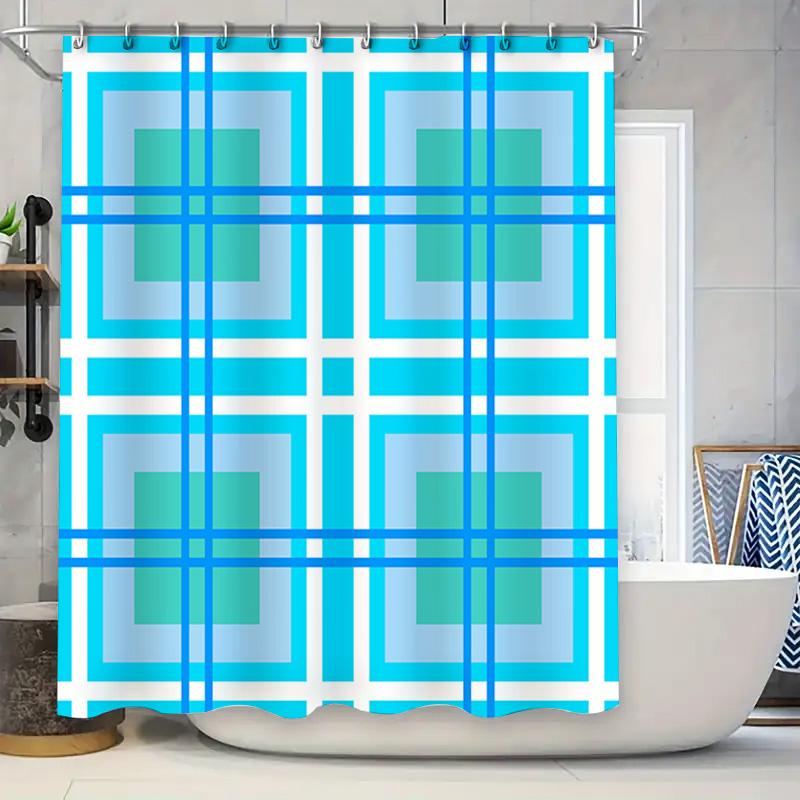 

Modern Bath Shower Curtain With Blue Green Geometric Pattern 3D Printed Polyester Fabric Easy Installation Hooks Included W60H190(CM)-1 Pcs