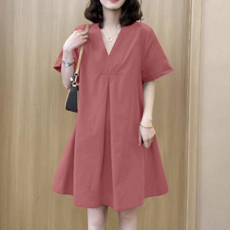 

ZANZEA Womens Summer V-Neck Solid Color Casual Short Sleeve Dress S камея рожевий колір