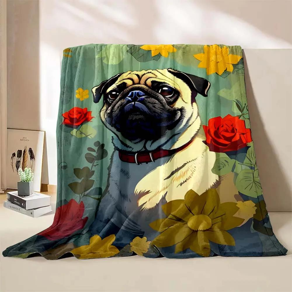 Cute Pet Dog Pug Print Throw Blanket Soft Cozy Flannel Blanket Lightweight Warm Bed Blanket for Couch Sofa Camping Office Travel