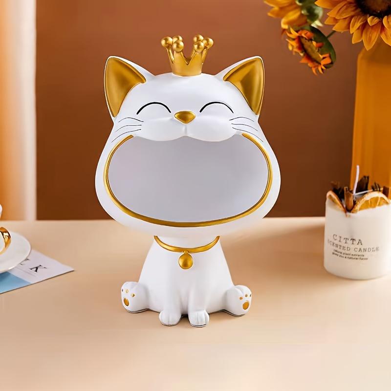 1ks Pryskyřičná soška smějící se kočky se čtyřlístkem, s široce otevřenou tlamou, dekorativní úložný box na klíče, roztomilý stolní organizér, kreativní kočičí figurka pro domácí dekoraci