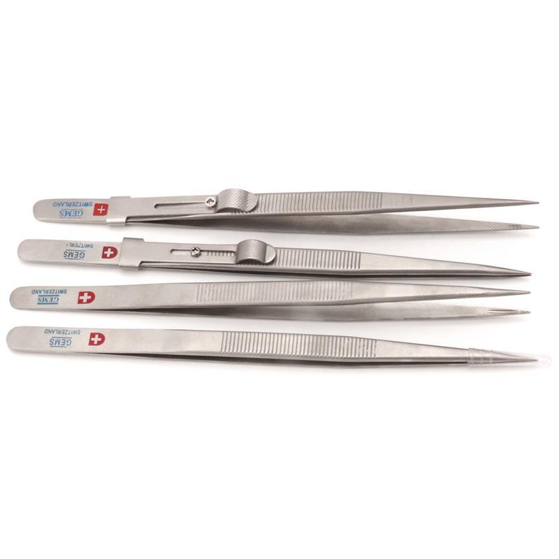 Stainless Steel Non-slip Fine Pointed Jewelry Tweezers with Locking Grooved Clip Tool