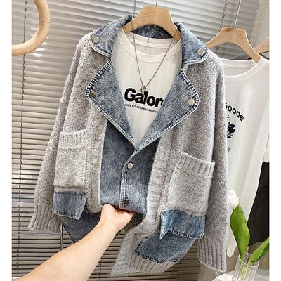 Autumn Winter Large Size Women Splicing Denim Jacket Women Long Sleeve Jean Jackets Female Loose Sweater Lazy Style Knitted Cardigan Jacket