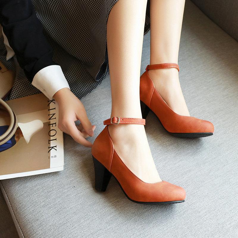 Women High Pumps Ankle Strap Retro Female Thick High Heels Womens Shoes Suede Ladies Black Office Shoes 33-46