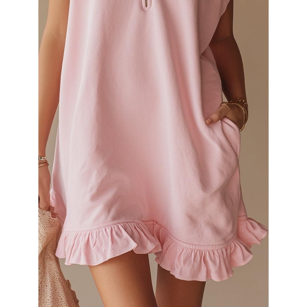 Spring Summer Women's Sleeveless V-Neck Zipper Ruffle Hem A-Line Dress with Double Pockets European American Style Casual Party Dress