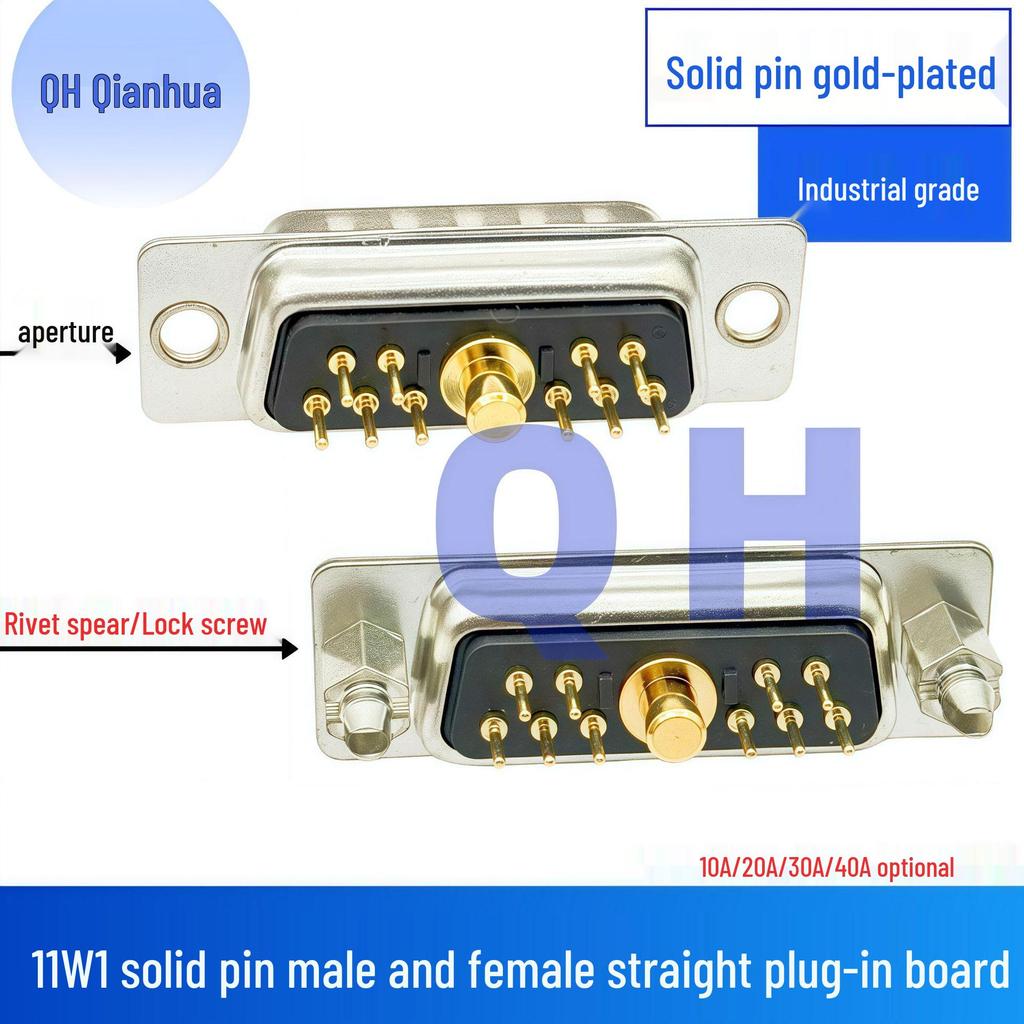 11W1 Male-Female Gold-Plated Solder Plug: High Current, 180° Straight Pin Connector