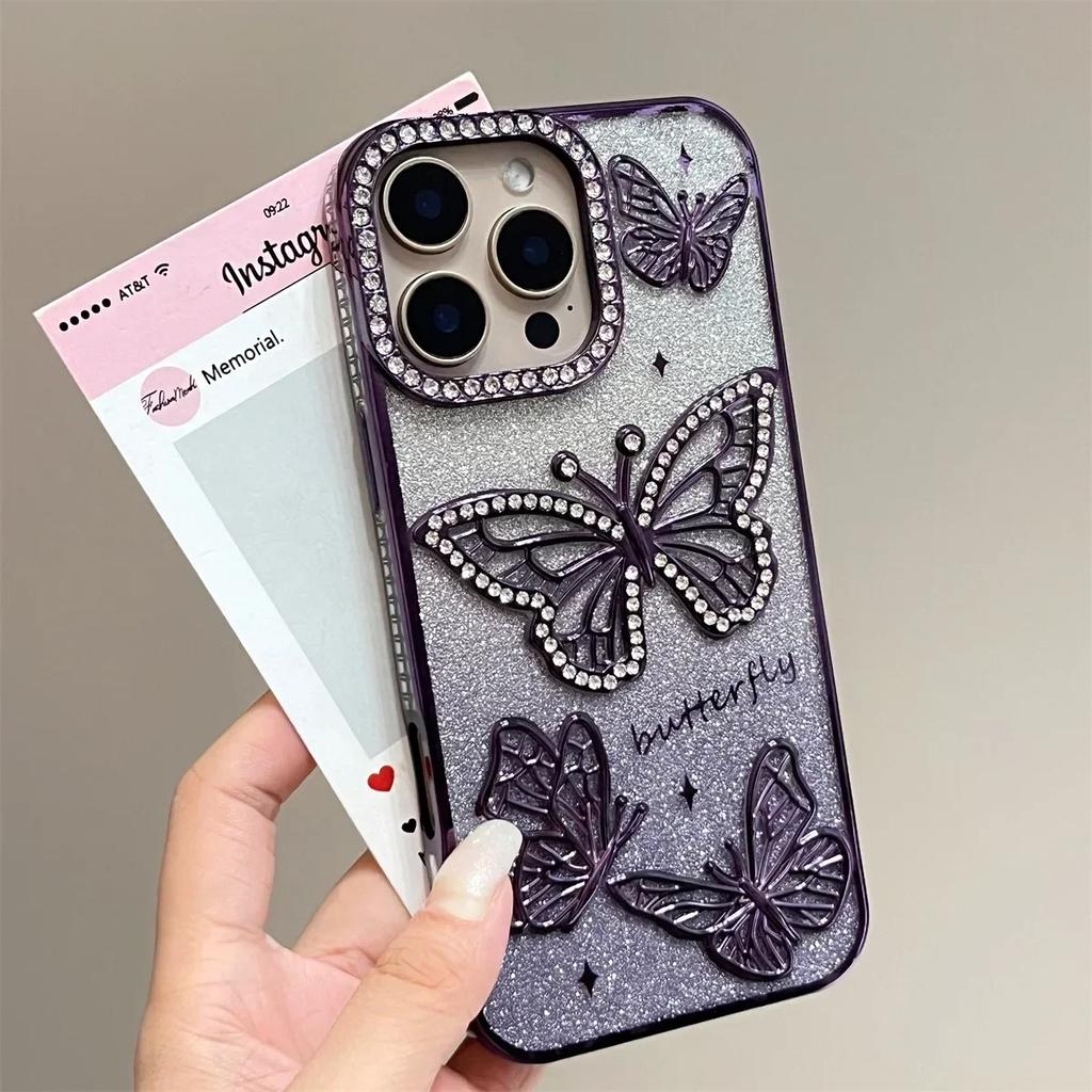 Plating Women Girl's Diamond Butterfly Phone Case for iPhone 17 16 11 12 13 14 15 Pro Max Plus Transparent Soft Silicone Cover