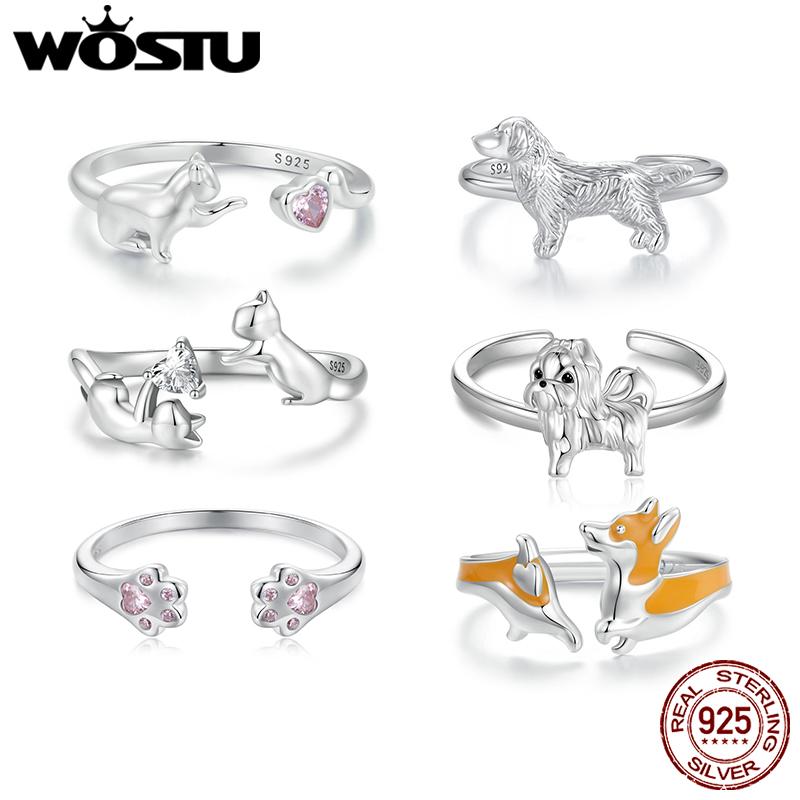 925 Silver Cat Pet Adjustable Rings For Women Animal Dog Open Ring Family Daughter Birthday Jewelry Girl Gift