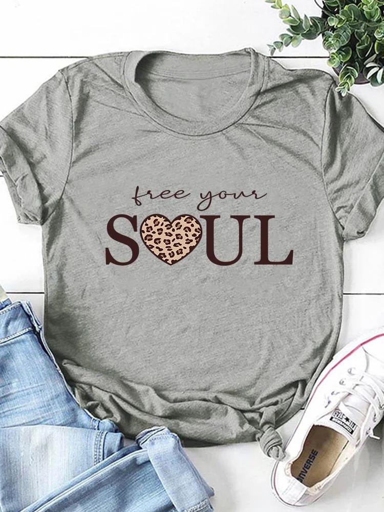 Free Your Soul Leopardhjärta Tryck Dam T-shirt Kortärmad O-ringning Lös Dam T-shirt Dam T-shirt Toppar Camisetas Mujer