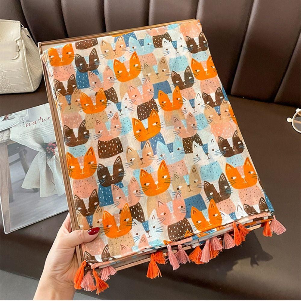 Long Printed Silk Scarf Large Animal Print Scarves All-match Cat Pattern Tassel Scarf  Vacation