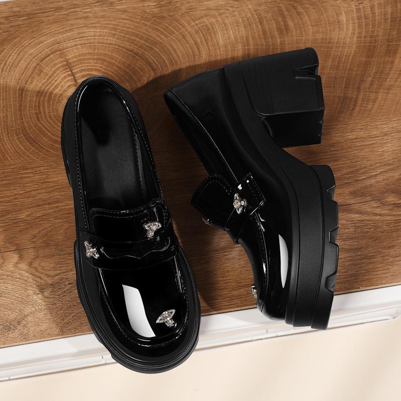 British Style Small Leather Shoes Korean Height-increasing Women's Black Patent Leather Thick-soled Thick-heeled Lace-up Loafers