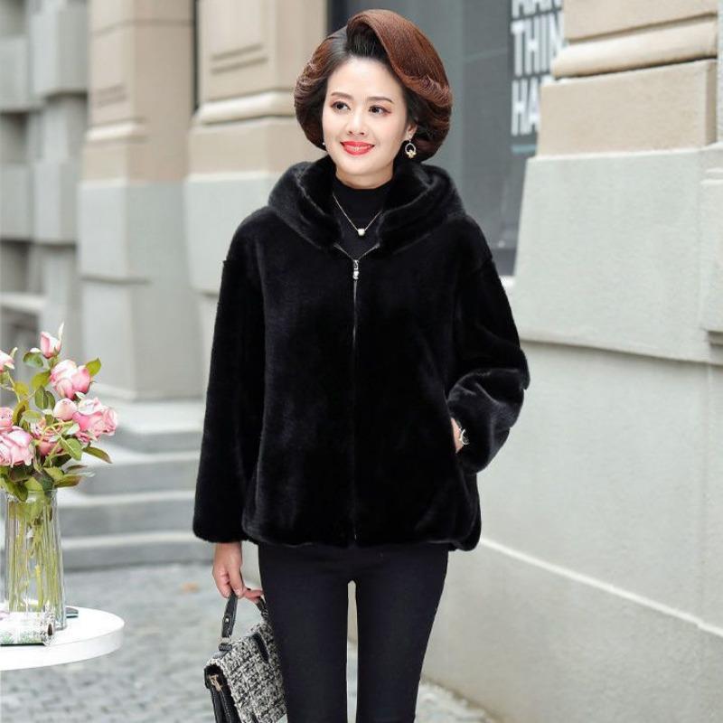 Autumn and Winter New Imitation Mink Velvet Fur Coat Women's Wide Too Hooded Medium and Old Imitation Mink Coat Cotton Coat Large Size