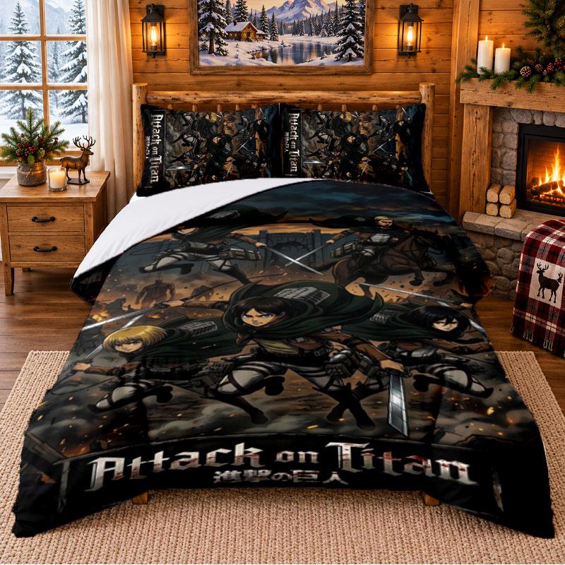 Attack on Titan Muster Bettwäsche 3-teiliges Set Bettlaken und Kissenbezüge für Innen-Schlafzimmer