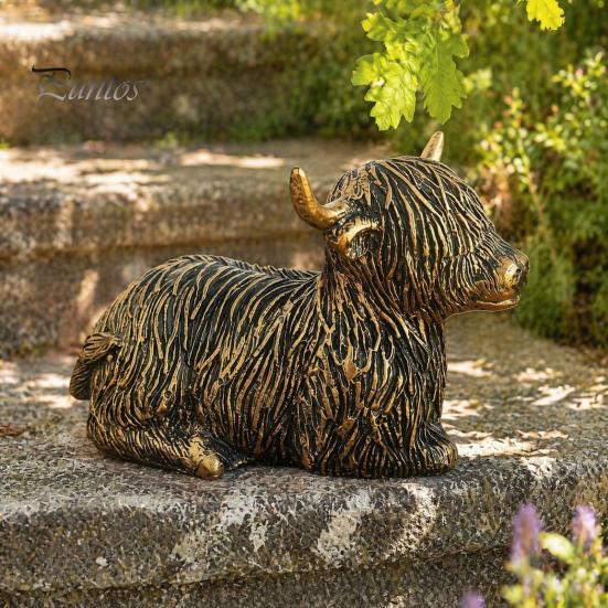 Vintage Copper Finish Garden Art Highland Yak Resin Figurines, Bronze Animal Statues, Weatherproof Sitting Set Farmhouse Decor for Living Room