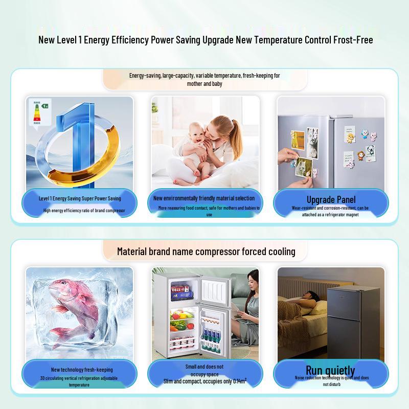 Huabao Level 1 Energy-Efficient Mini Refrigerator for Home, Dorm, Office, and Nursery Silver Double Door 48