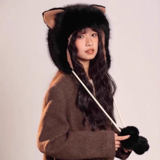Women Hat Knitted Windproof Warm Winter Lei Feng Hat Cartoon Cat Shape Elastic Solid Color Thermal Cap