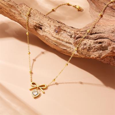 Gold Beaded Chain Necklace with Bow Heart Zircon Pendant, Dainty Choker for Women Jewelry Gift