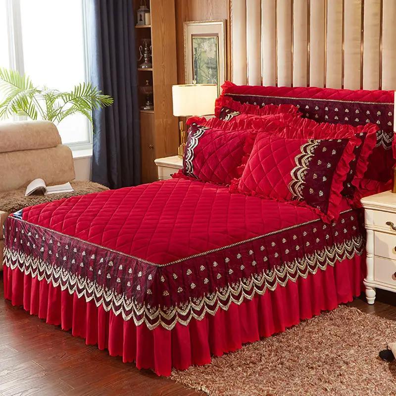 Saia de cama de veludo quente de luxo supermacia, colcha acolchoada de flanela grossa, capa de cama antiderrapante, fronha não incluída, cubre cama