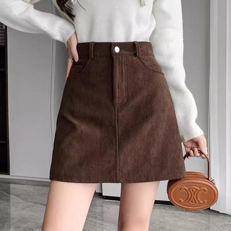Women's Corduroy A-Line Skirt - Coffee, Black, Brown; High-Waist, Slim, Petite Fit; Short Skirt for Autumn/Winter.