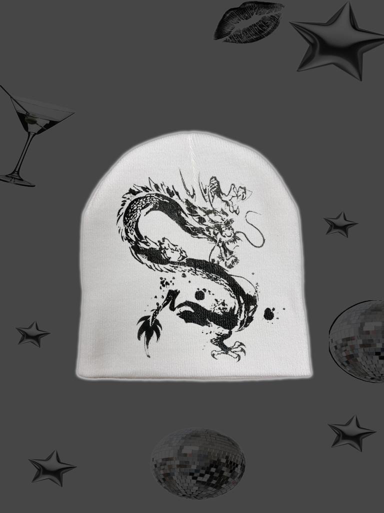 Chinese Dragon Print Beanie Hat | Unisex Black White Art Pattern Knit Cap Soft Warm Casual Winter Fashion Headwear