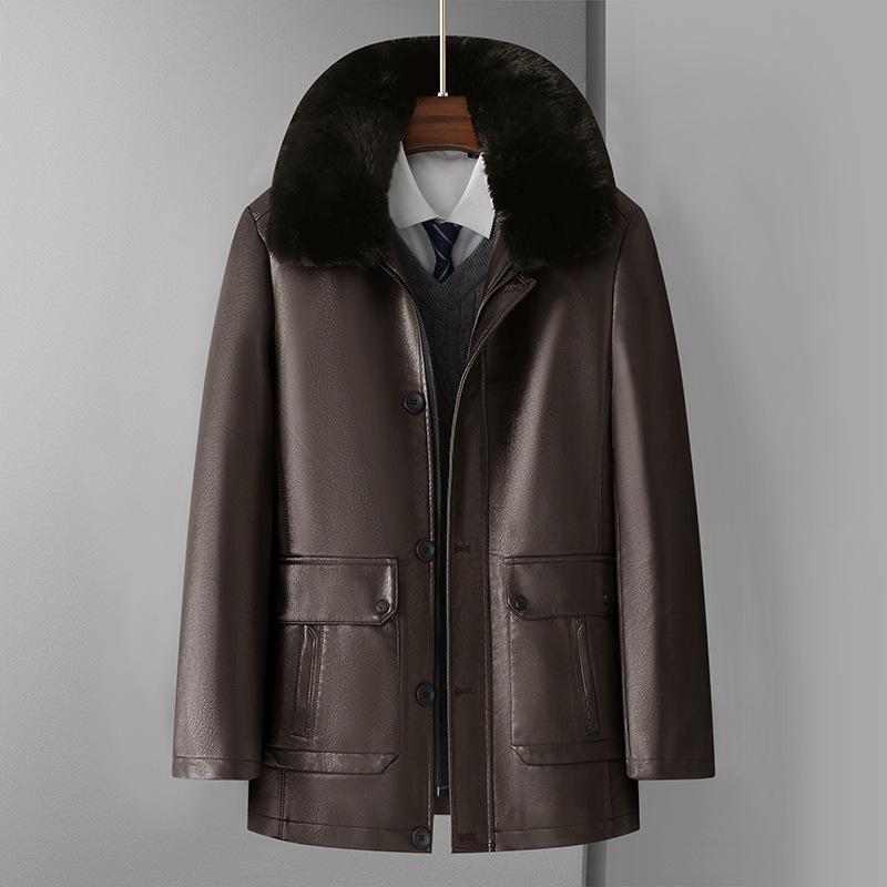 Pánská kožená bunda s otočným kožichovým límcem, středně dlouhá, s hustým plyšem, zateplená, na zip, pro střední věk a seniory