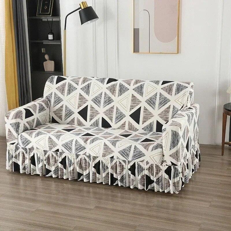 Sofaovertrekk med stort skjørt i europeisk stil, universalstoff for alle fire årstider, sklisikkert sofaovertrekk, full dekning, sofahåndkle med pute