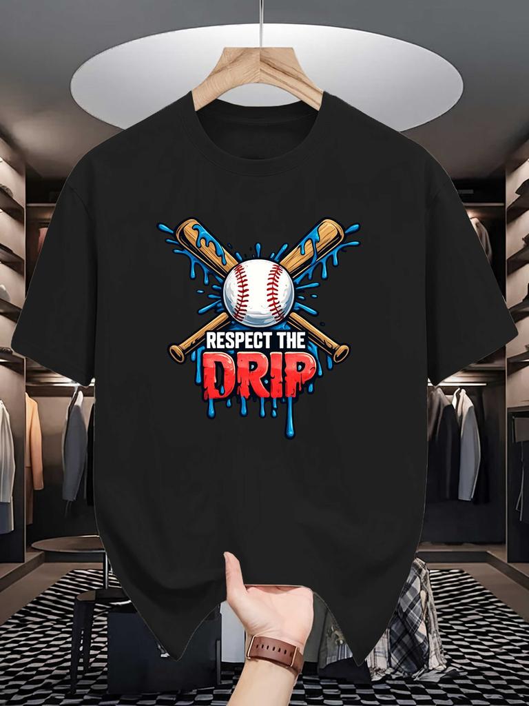 Respect The Drip Baseball Cross Bat Graphic Unisexs T Shirt Crew Neck Cotton Tee Hip Hop Sport Print Gift For Baseball Fans