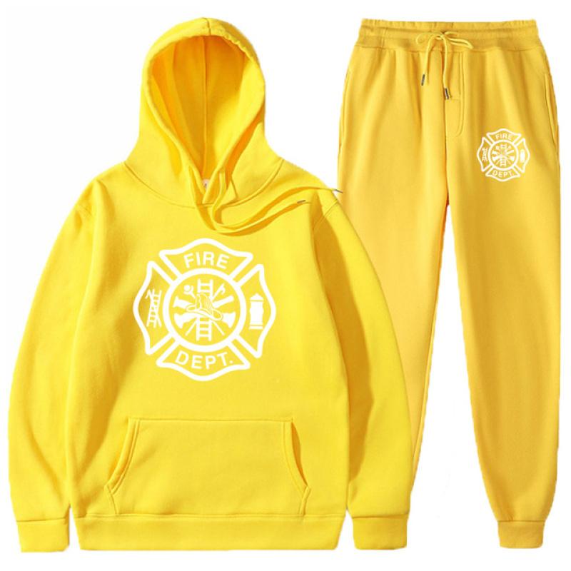 Fire Rescue Firefighter Solid Color Tracksuit Men Set New Casual Men's Hoodies + Pants Two-Piece Tracksuit Sportswear Set Unisex