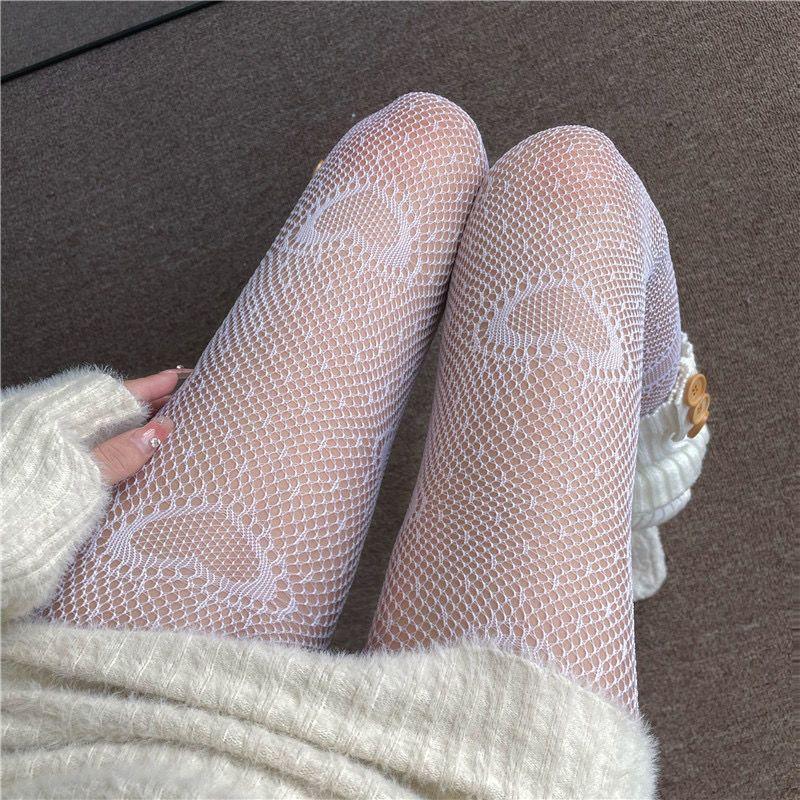 Japanese Cute Girlish Ins-style Pantyhose - Fishnet Stockings, White Silk with Love Heart Jacquard, Sweet Design