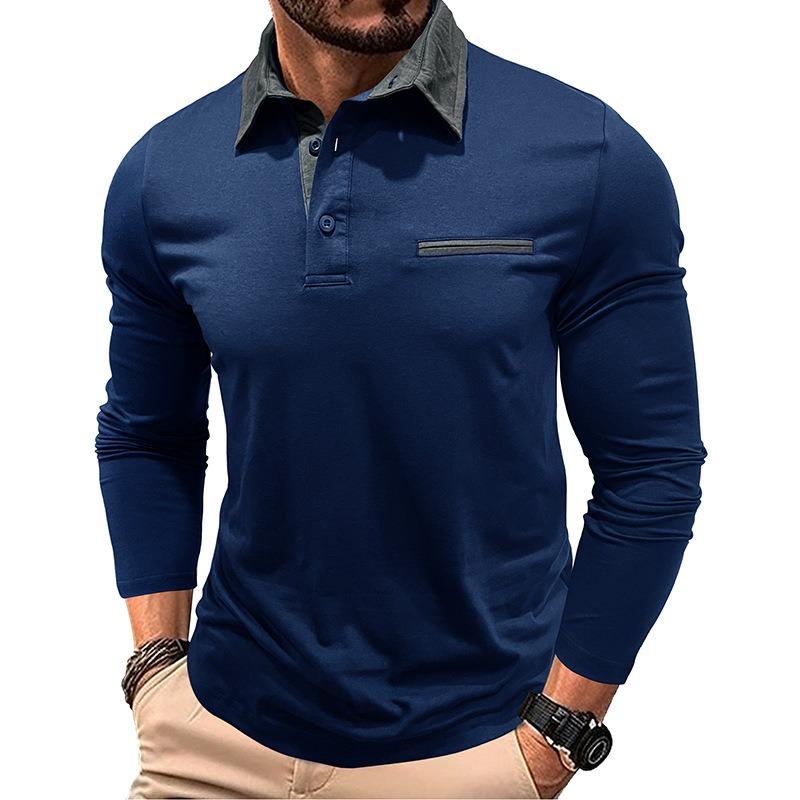 Men Long Sleeve Polo Shirt with Contrast Color Collar Casual Pocket Top