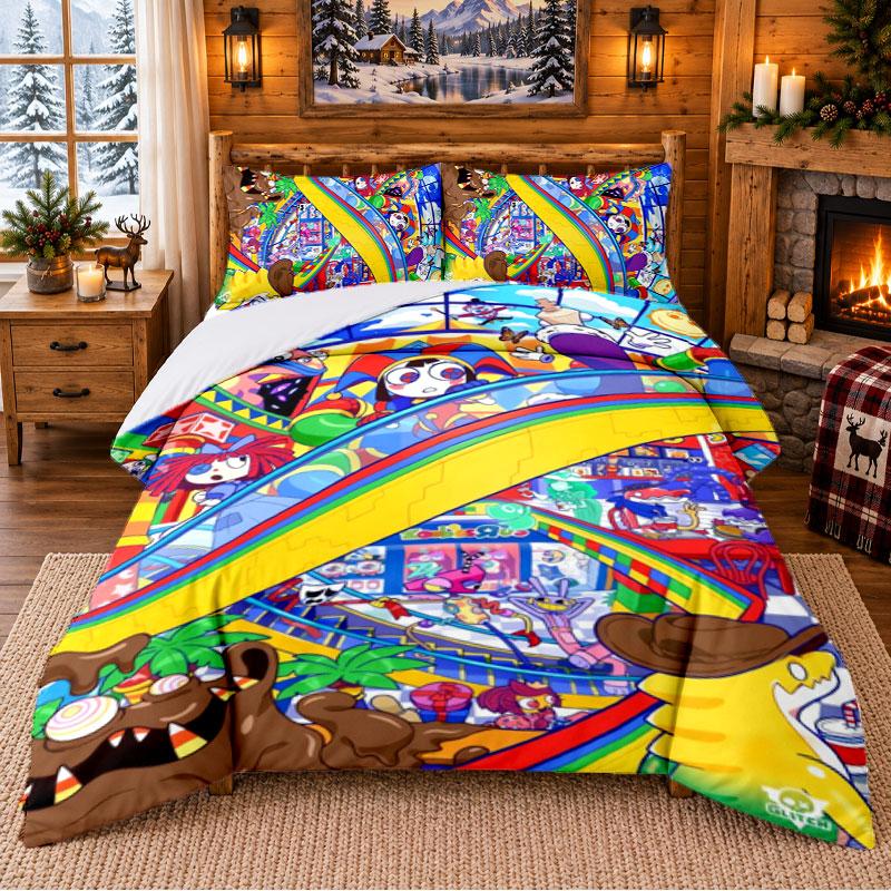 Conjunto de Roupa de Cama Padrão O Incrível Circo Digital 3 Peças Lençol e Fronhas Para Quarto de Interior
