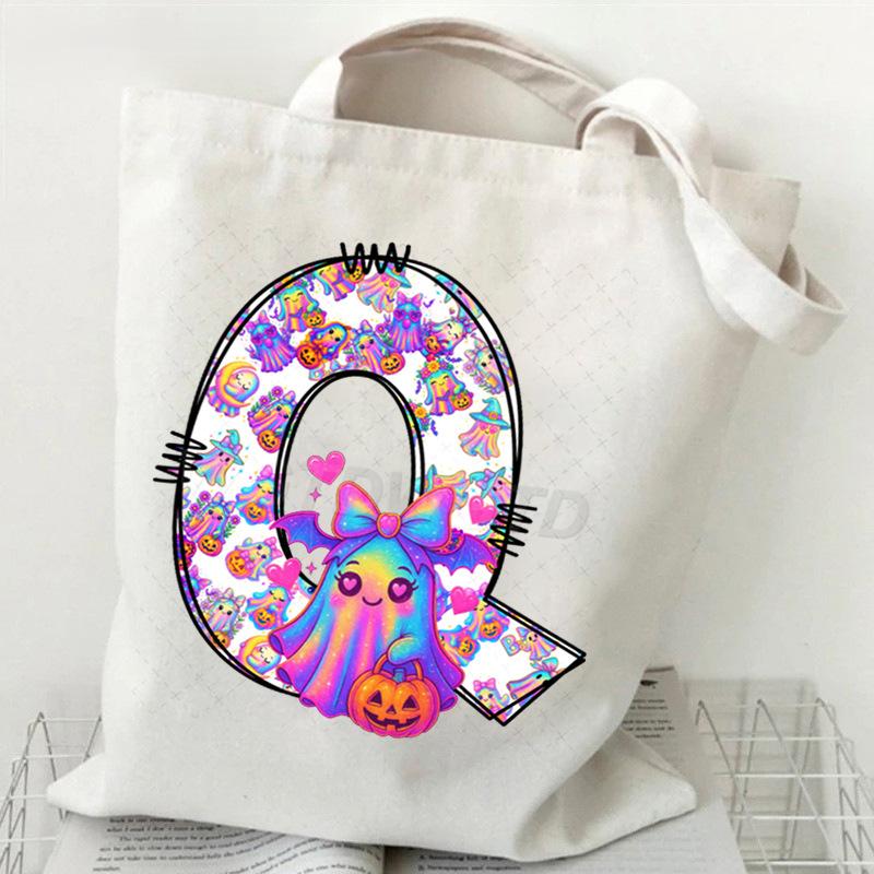 Halloween Alphabet Canvas Bag Going Out Portable Handbag Women's Large Capacity Casual Shoulder Crossbody Bag