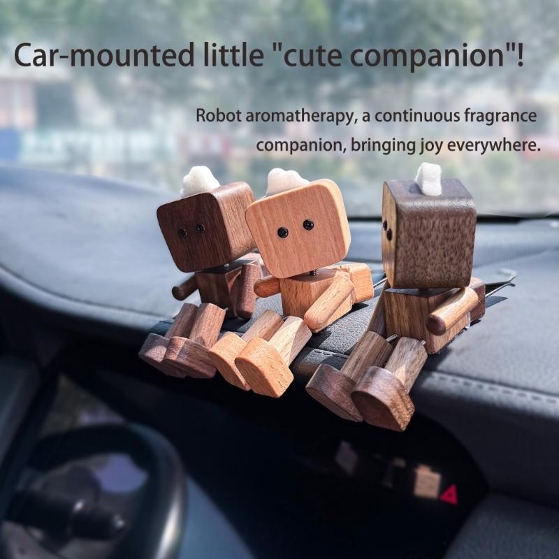 Magnetic Wooden Automotive Sculpture Dancing Robot Figurine For Car Dashboard Handmade Moving Limbs