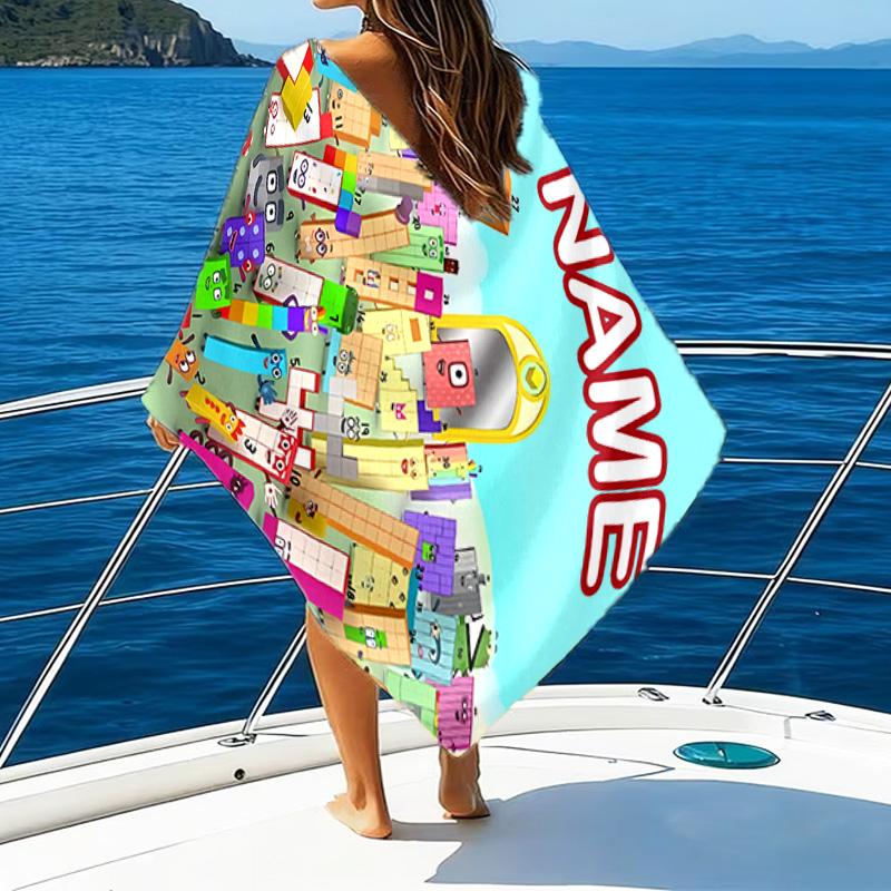 1pc 3D-Number-Blocks-Cartoon Beach Towel with Custom Name, Beach/Swimming/Bath/Picnic/Camping Towel, Suitable for Seaside Beaches