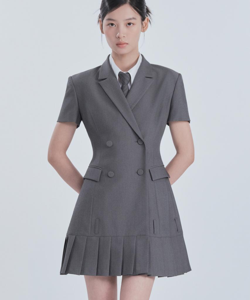 Mausolleum [Select Length] Jenn Pleated Half-Sleeve Suit Jacket Dress - Grey