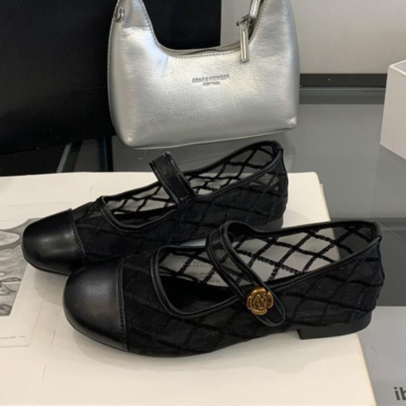 Fashion Elegant Metal Flowers Design Ballet Flats Women Comfort Breathable Mesh Mary Jane Shoes Fashion Round Toe Shallow Casual Shoes
