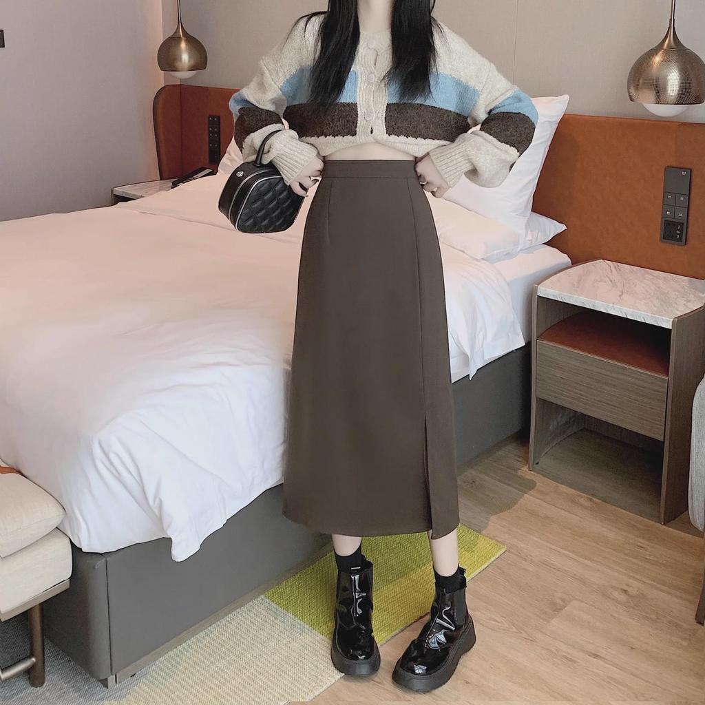 High Waist A-Line Women's Midi Skirt with Slit - 2024 Spring Korean Fashion
