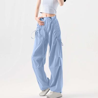 Pantalones Largos Casuales de Pierna Ancha con Cintura Alta Elástica para Mujer con Bolsillos