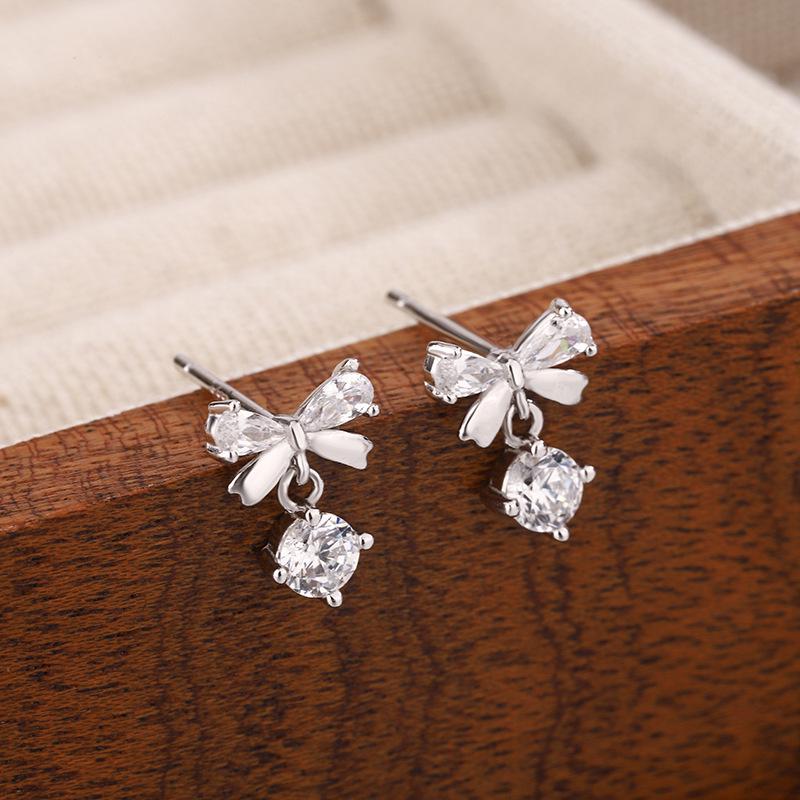 

Sterling Silver Zircon Bow Stud Earrings for Women - Elegant French Design Pure Silver золотой