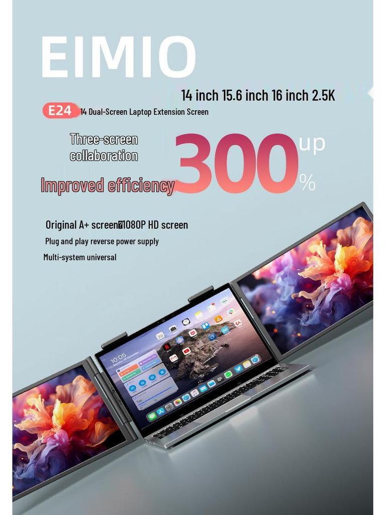 EIMIO Dual Screen Portable Monitor: 14" & 16" 2.5K Left-Right One-Line Triple Display Laptop Extension